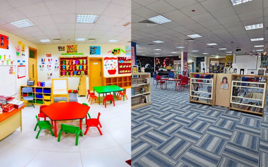 classroom and library of Springdales School, one of the top schools near Al Quoz