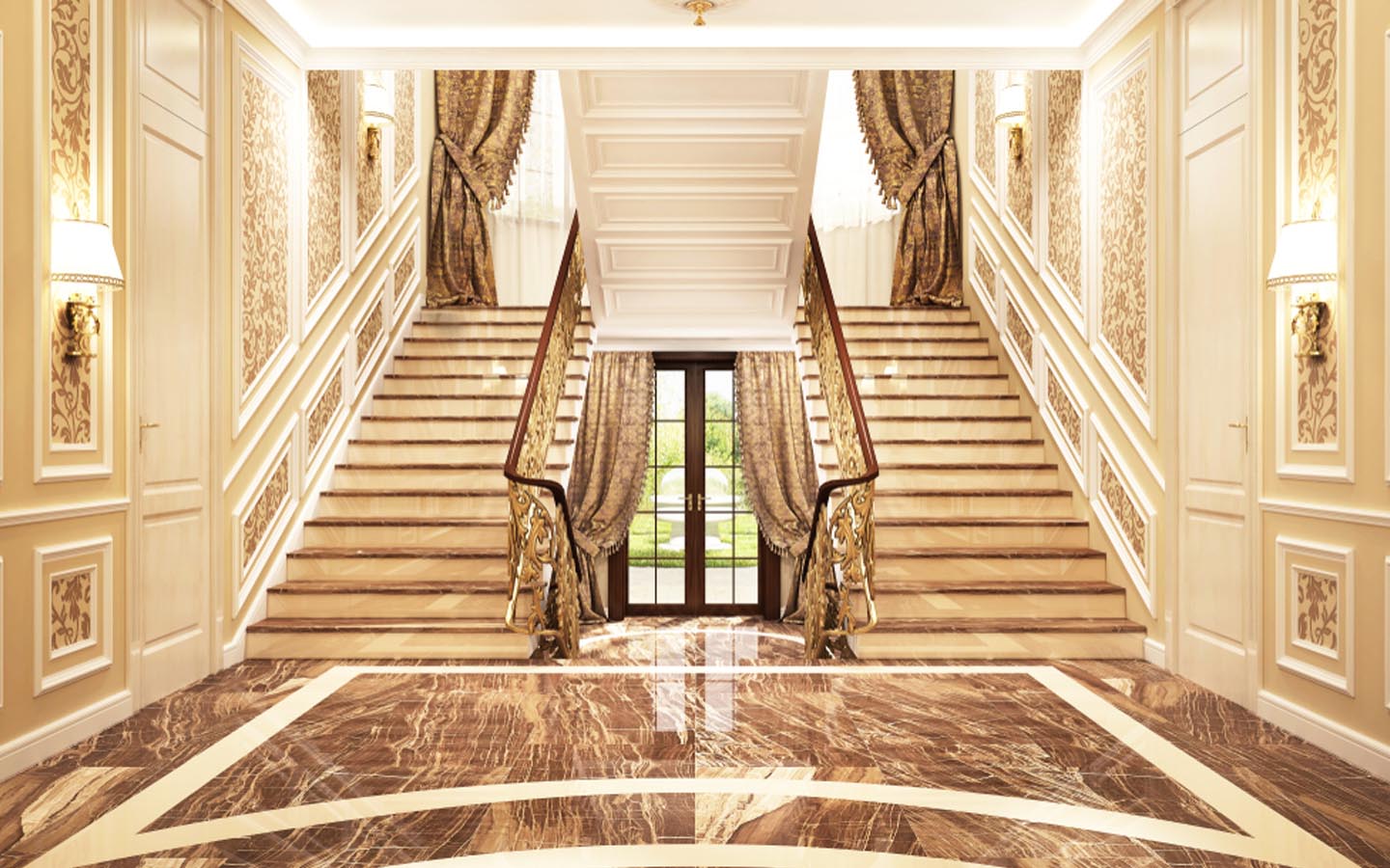 سلالم من السيراميك في بهو المنزل