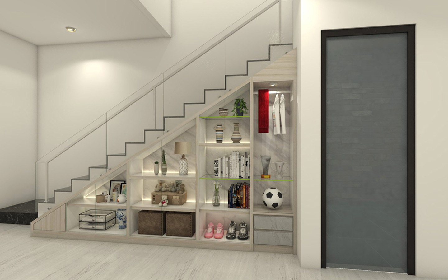 رفوف خشبية أسفل درج المنزل