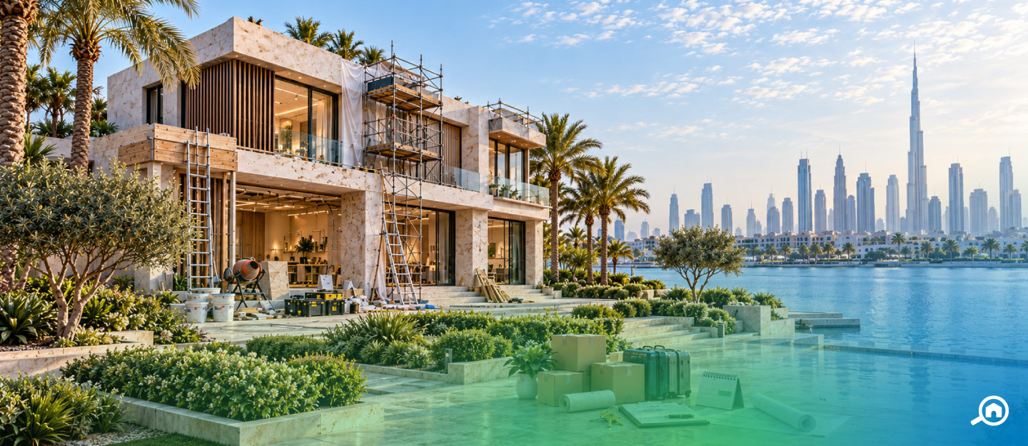 vector image by Bayut for house renovation exterior with dubai skyline in the background, packed bags and cartons