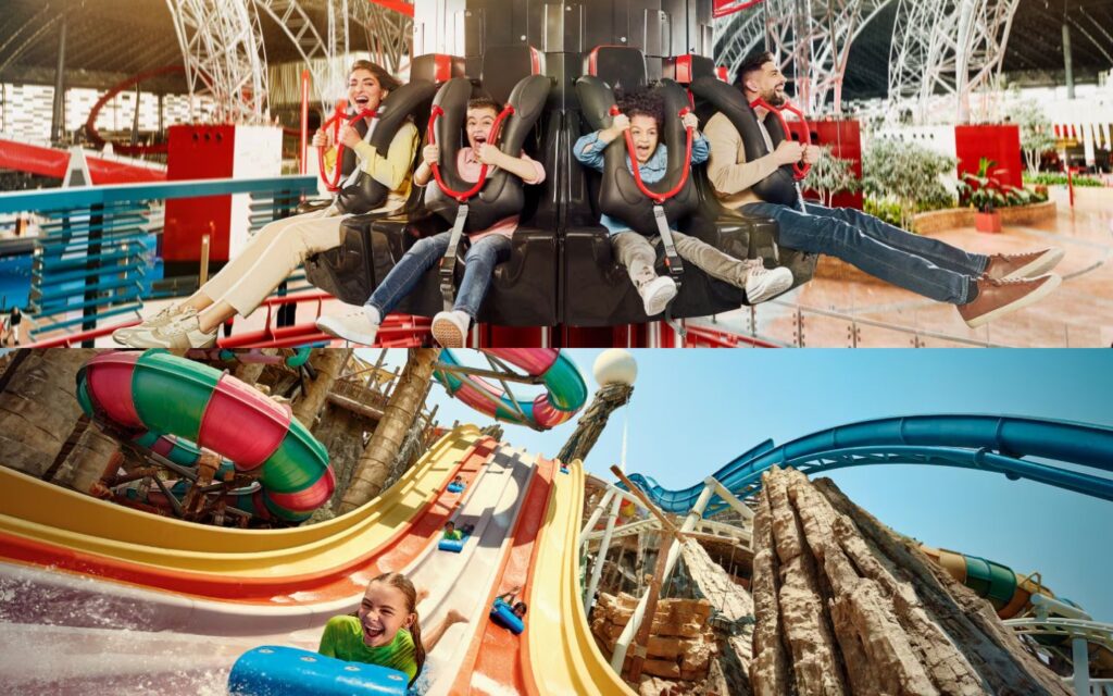 walking route from Ferrari World to Yas Waterworld is around 20 minutes