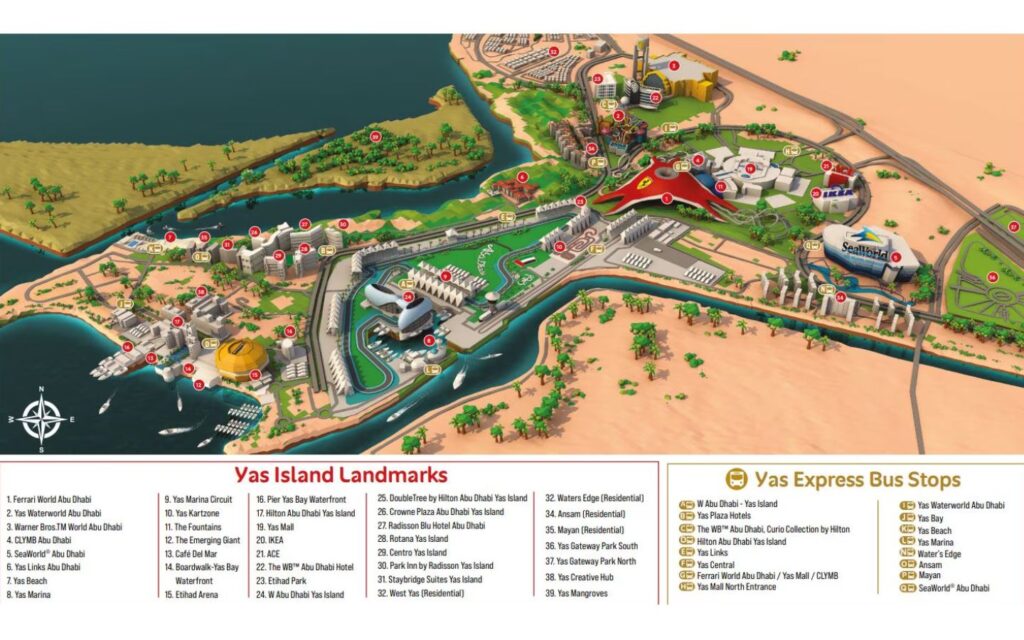 The map shows Warner Bros Yas Waterworld adjacency